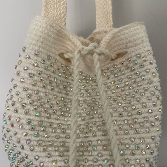 Artisan Boho Crochet Macrame Drawstring Ivory Bag with Tassels and Rhinestones - Picture 10 of 12